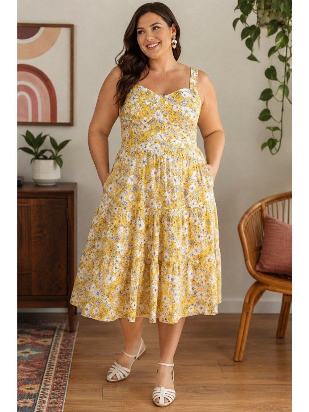 Modcloth Womens Dress Sz Large Yellow Floral Tiered Sundress Fit & Flare Retro